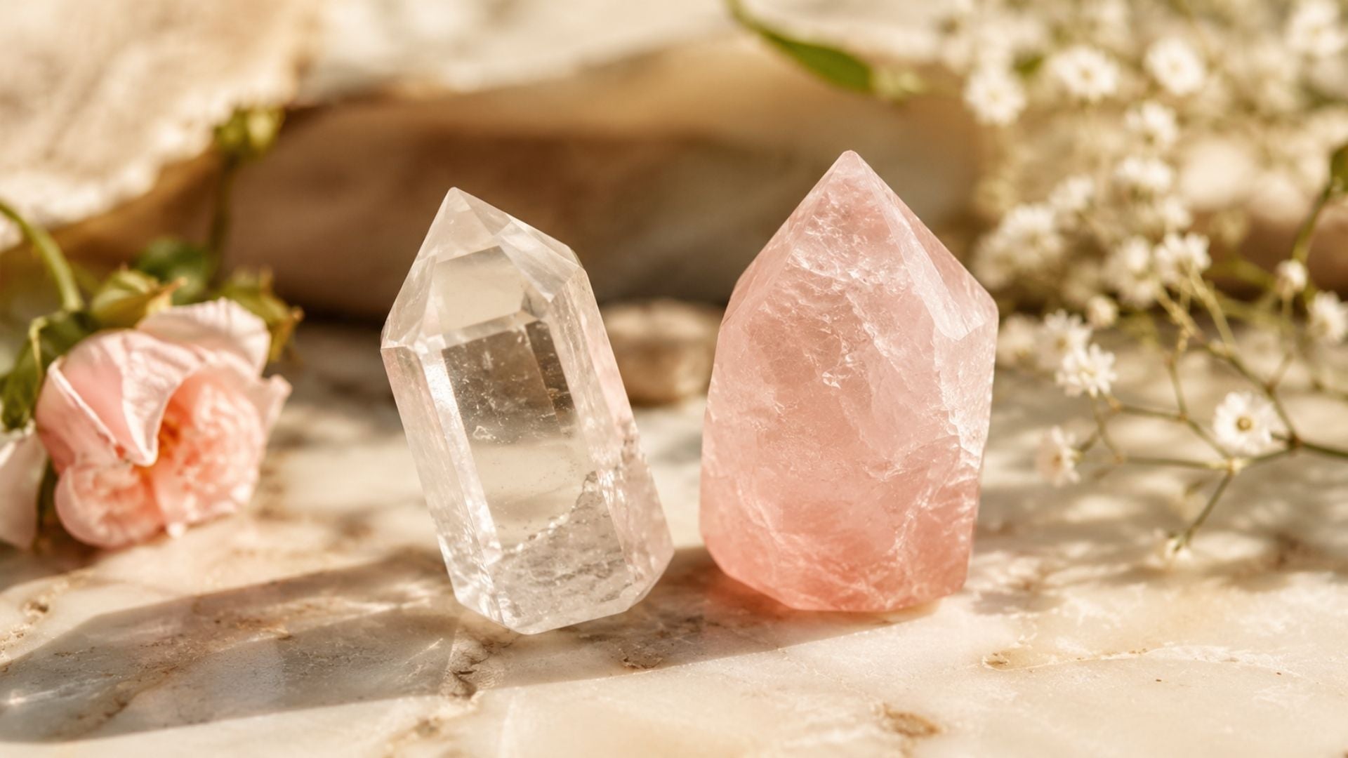Rose quartz and clear quartz crystals showing their meaning, healing properties and benefits