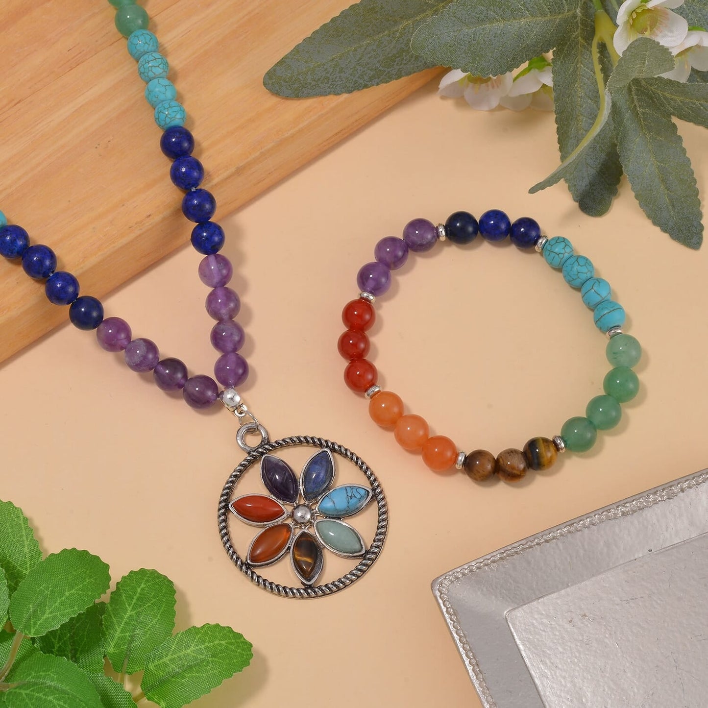 Seven Chakra Beaded Necklace & Bracelet Set – Multi-Gemstone Design
