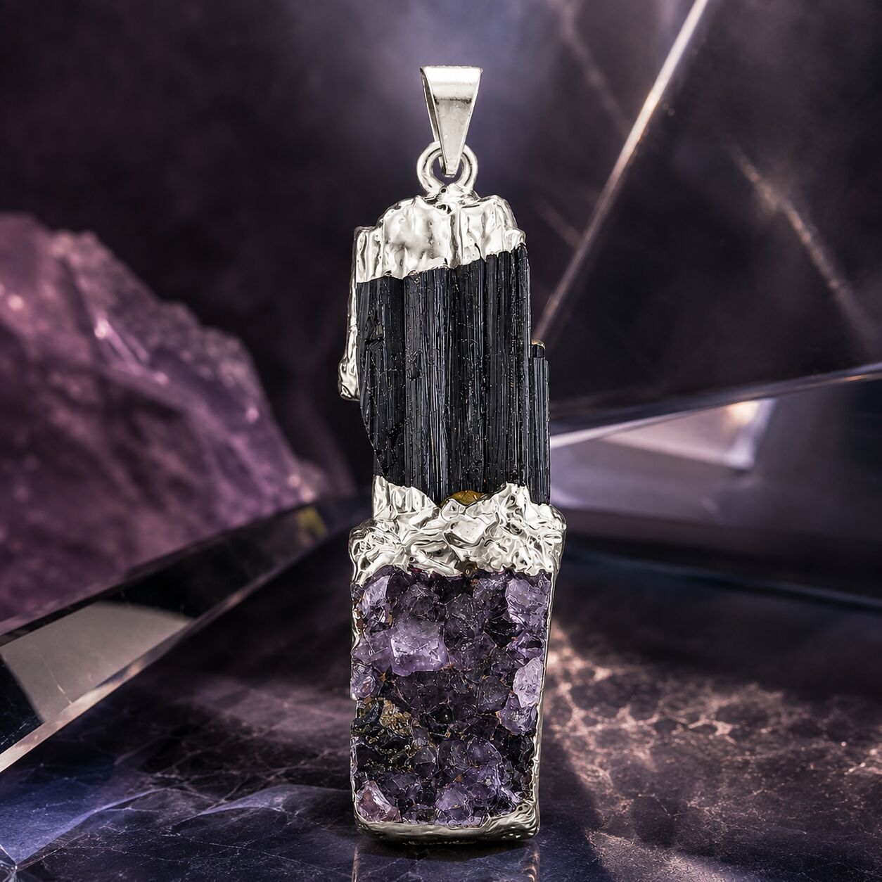 Black Tourmaline & Amethyst Pendant – Twin Power