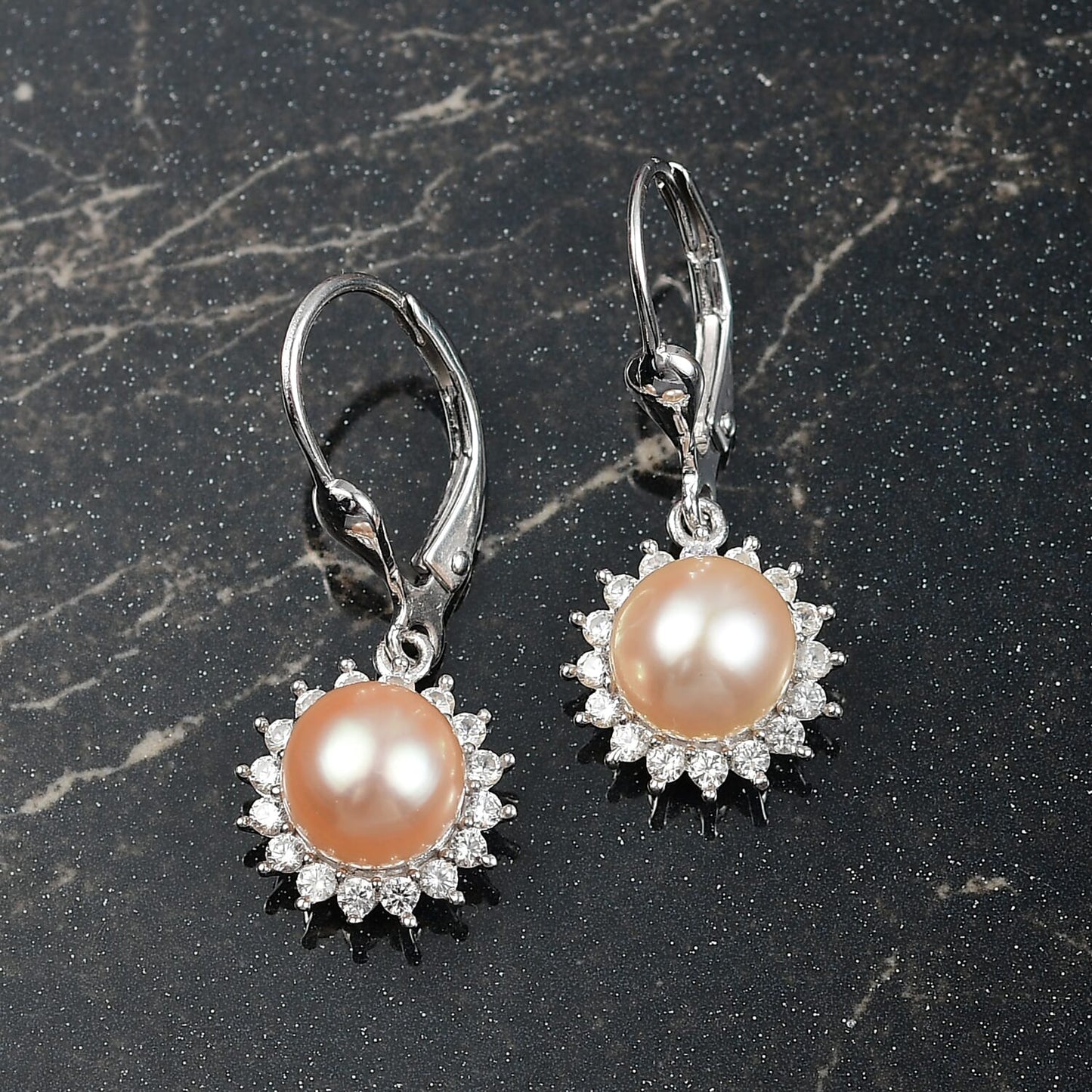 DJOY Peach Freshwater Pearl & White Zircon Sunlit Bloom Earrings – A Radiance of Timeless Elegance