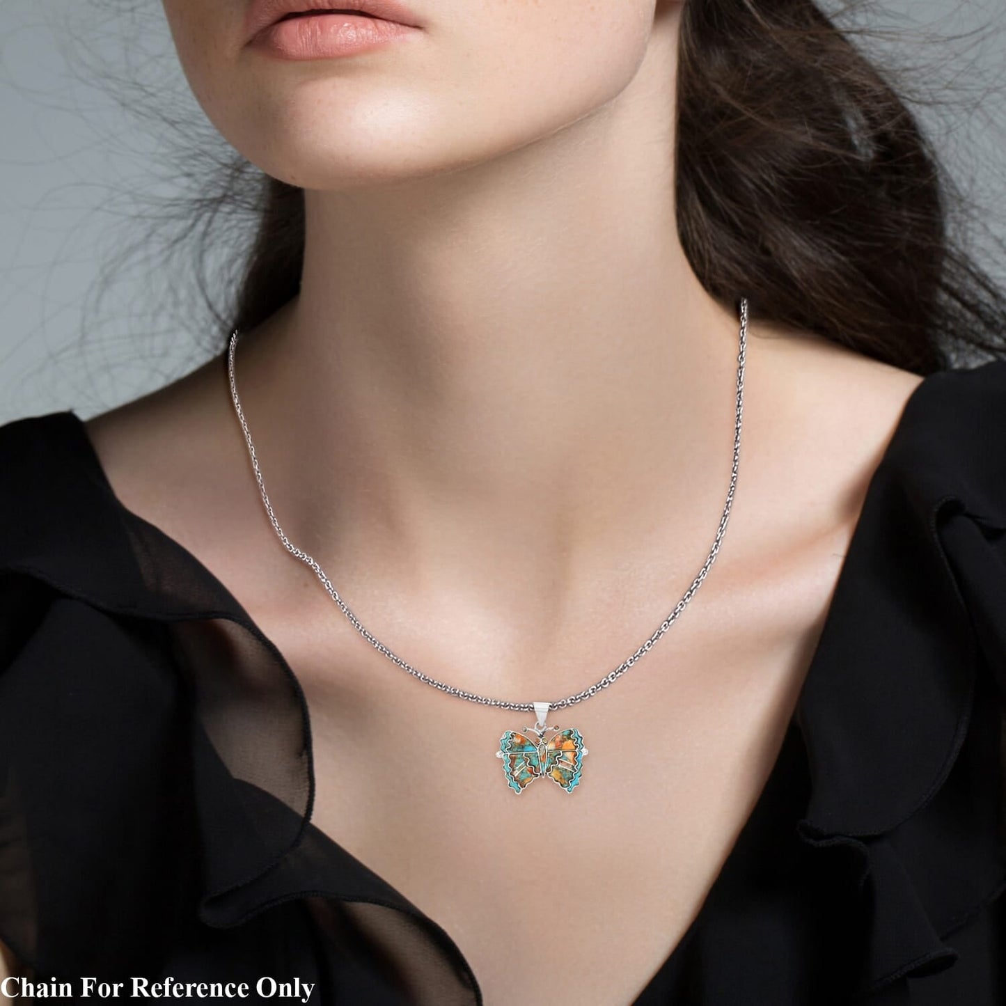Santa Fe Style Turquoise & Red Coral Butterfly Pendant – A Bold Statement of Southwestern Elegance