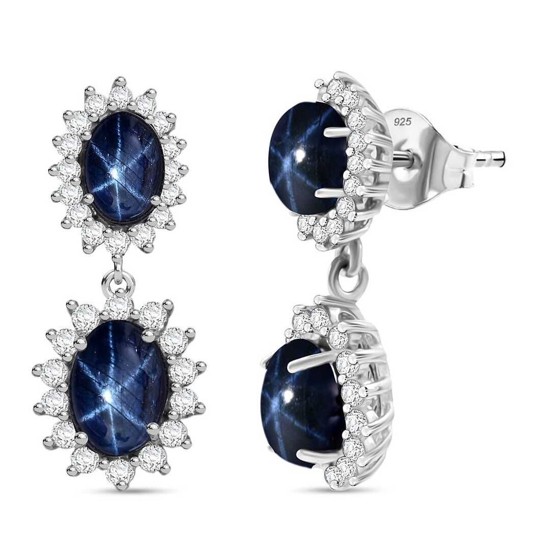 Blue Star Sapphire & White Zircon Earrings