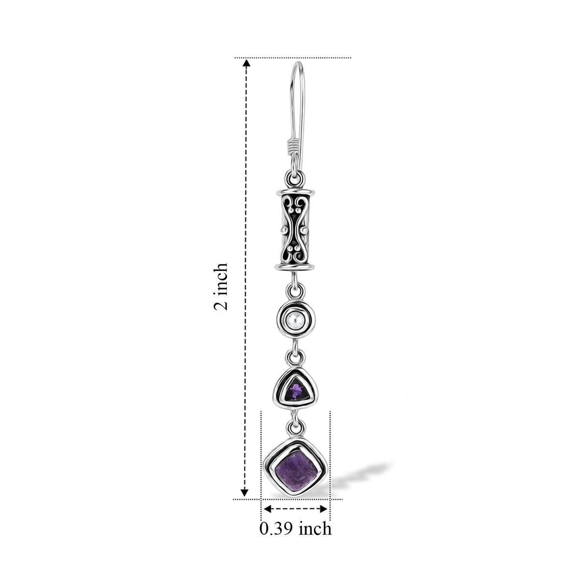 Natural Charoite, Amethyst & Pearl Earrings in Sterling Silver
