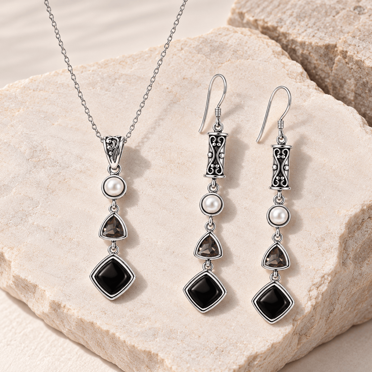 Silver Black Obsidian Set