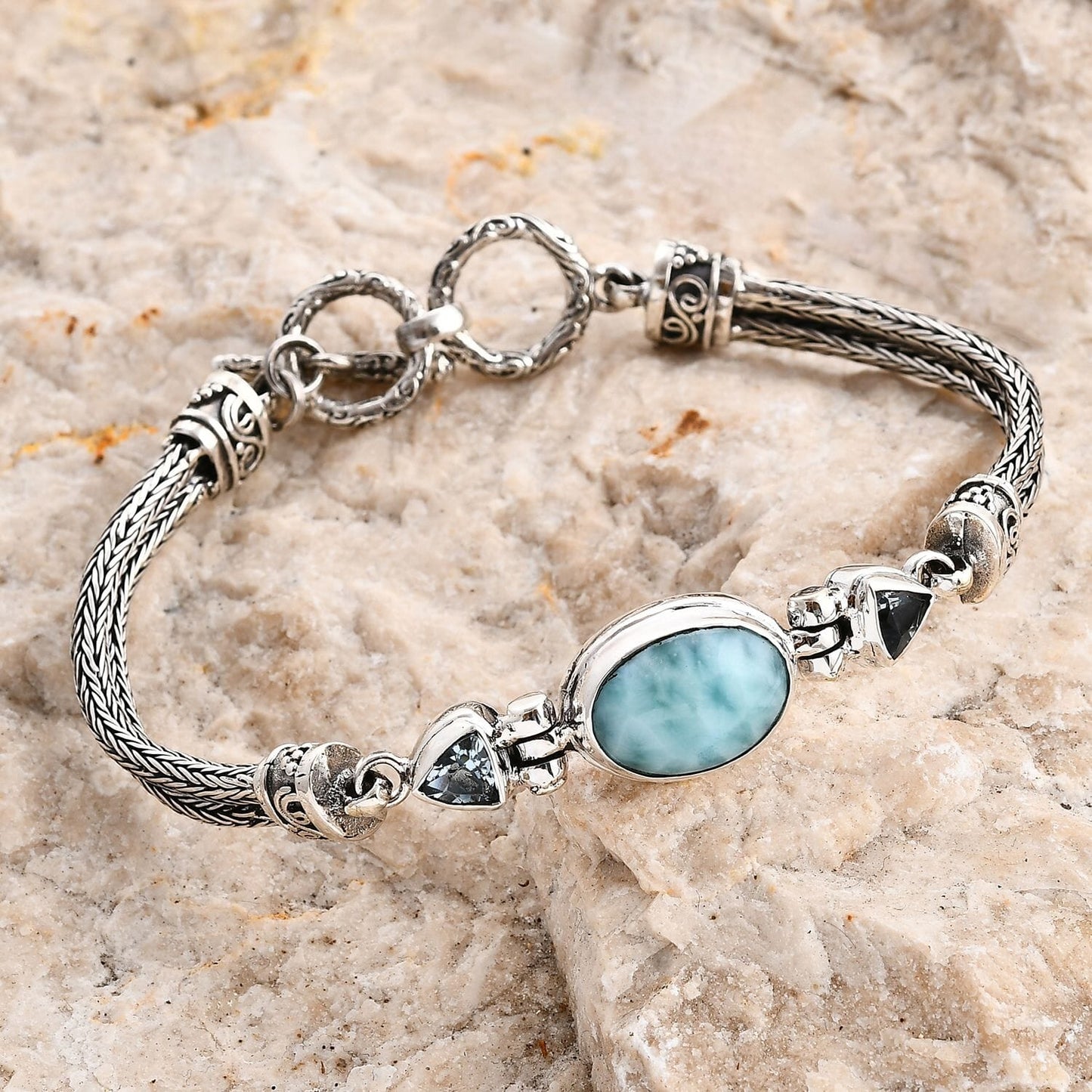 Balinese Natural Green Larimar & Sky Blue Topaz Bracelet – Communication & Inner Peace