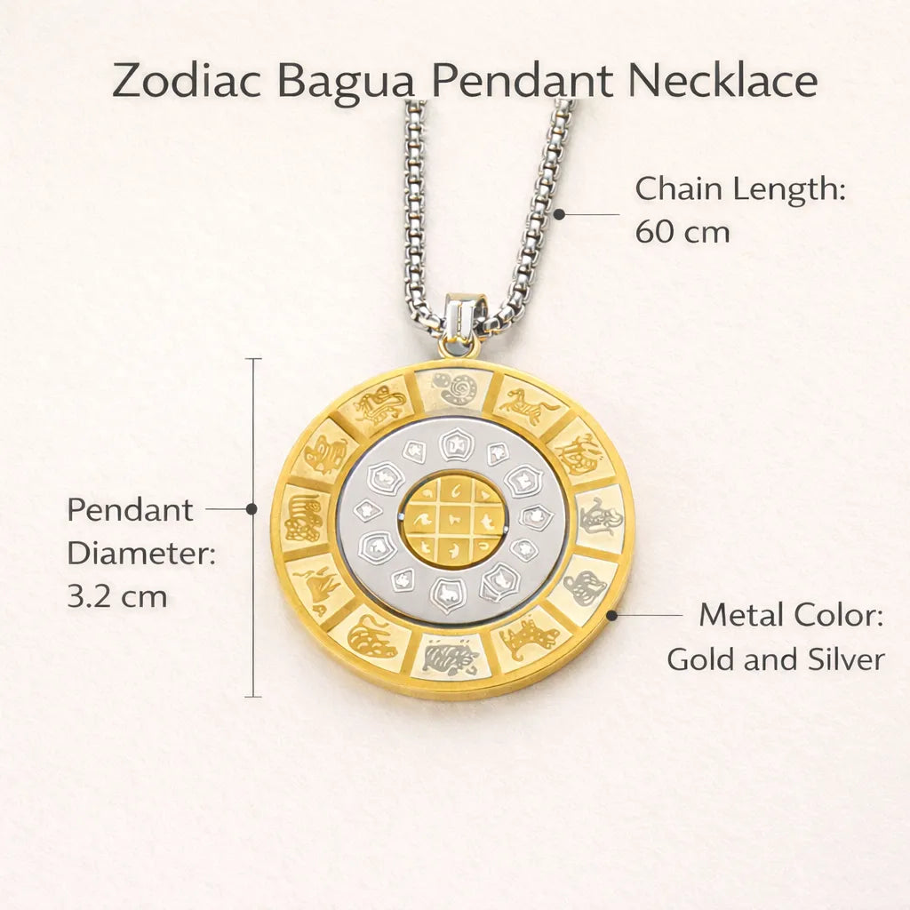 Zodiac Bagua Pendant Necklace — Feng Shui Symbol for Balance & Protection
