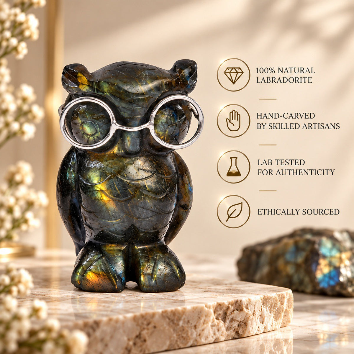 Labradorite Owl Figurine – Rare Crystal Collectible of Wisdom & Guidance