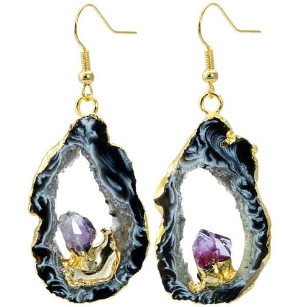 Dangle Amethyst Crystal Gold Earrings