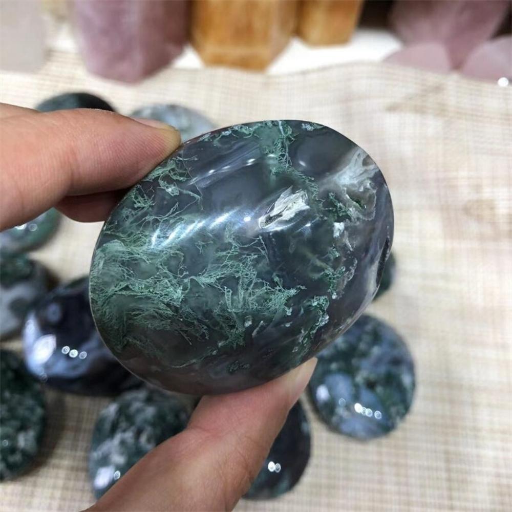 Natural Green Moss Agate Palm Stone