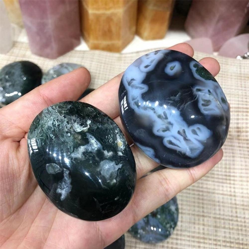 Natural Green Moss Agate Palm Stone
