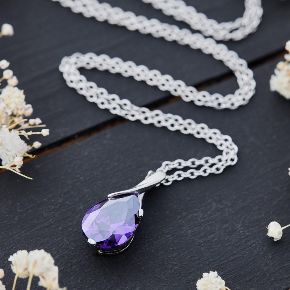Silver Crystal Drop Amethyst Necklace