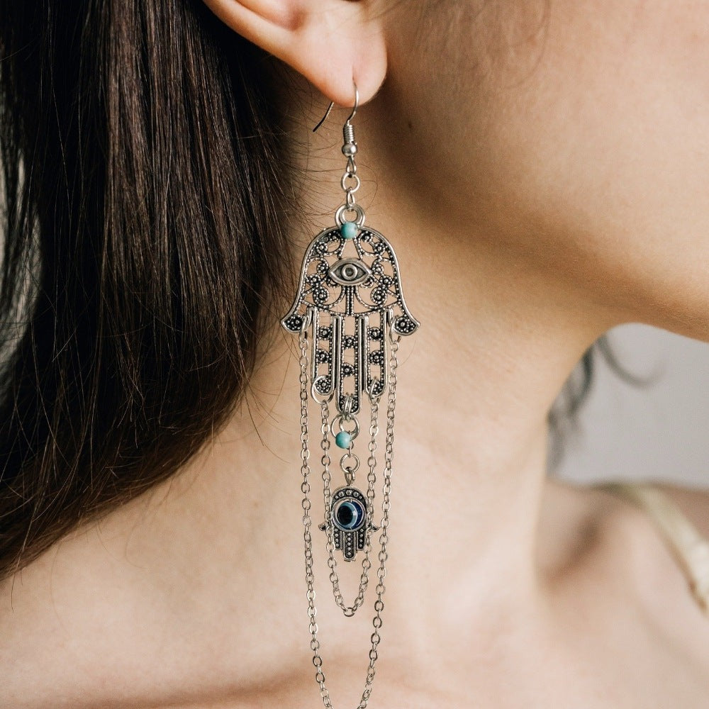 Silver Hamsa Evil Eye Earrings