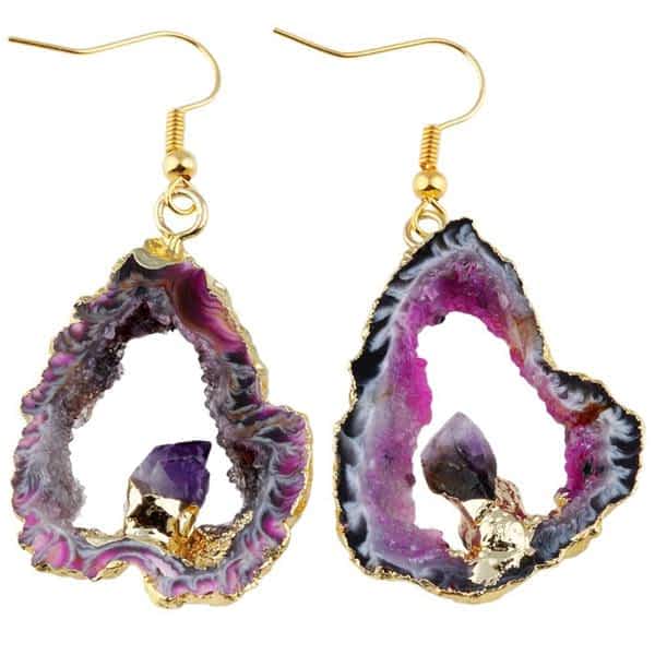 Dangle Amethyst Crystal Gold Earrings
