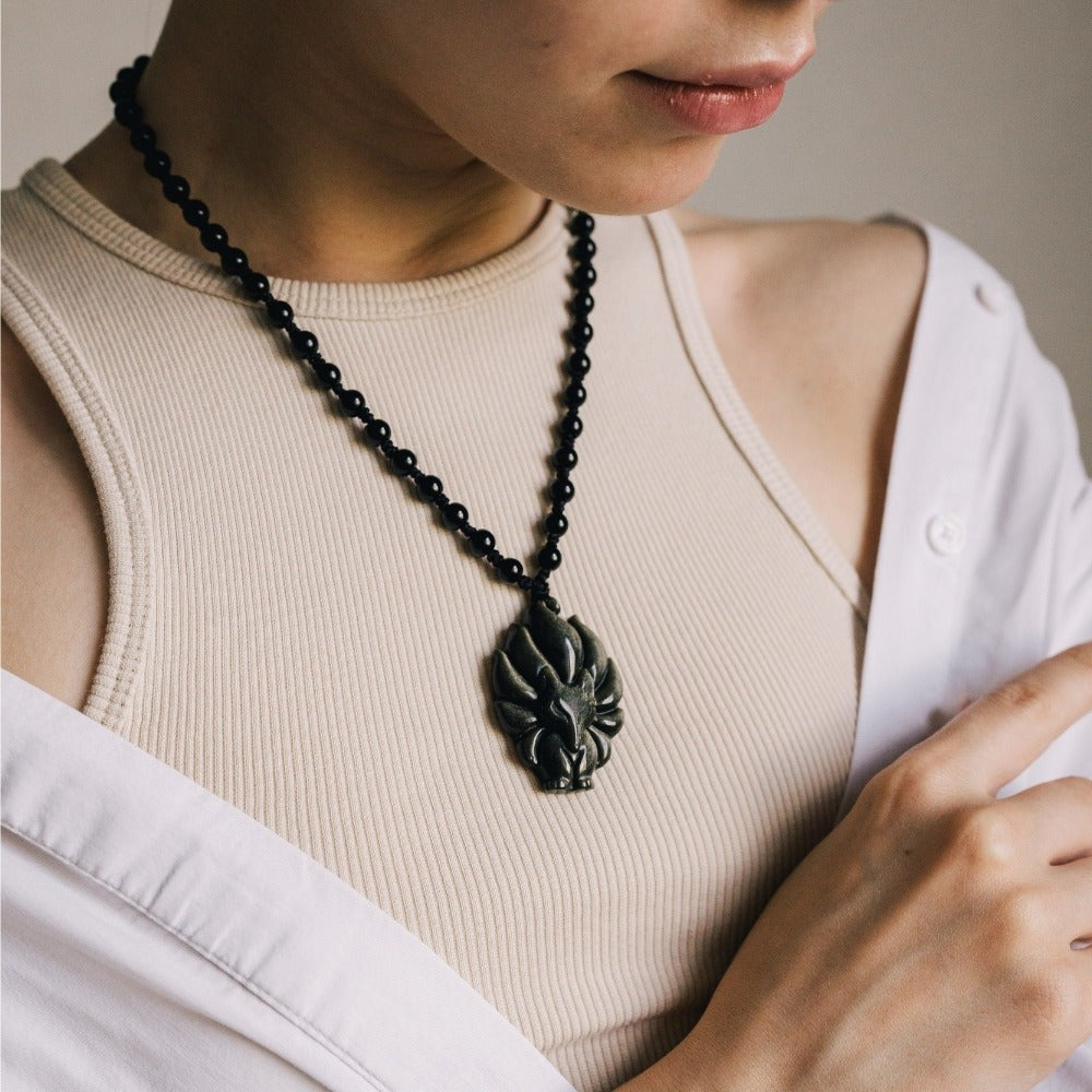 Fox Guardian Black Obsidian Necklace