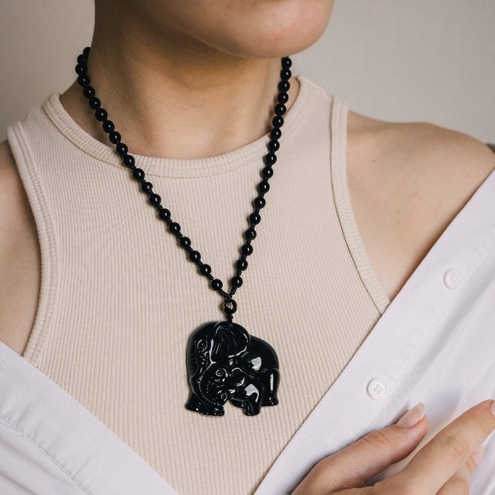 Elephant Charm Black Obsidian Crystal Necklace