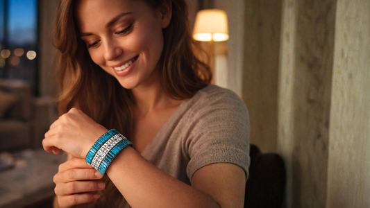 Close-up of a blue lapis lazuli bracelet, inspired by what can you do with lapis lazuli in Minecraft