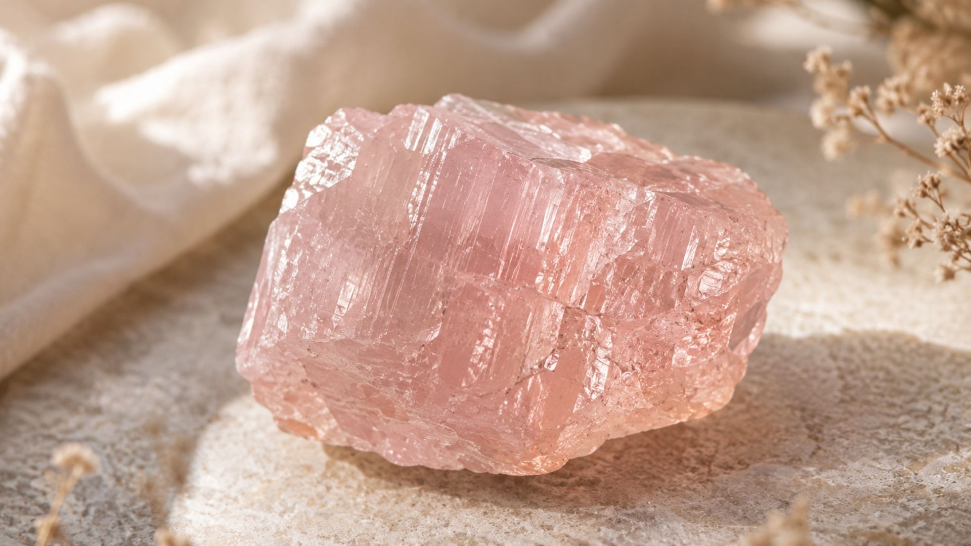 "Morganite crystal close-up showing pink peach tones"