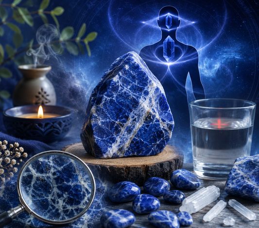 Sodalite crystal with royal blue color and white calcite veining on a dark mystical background