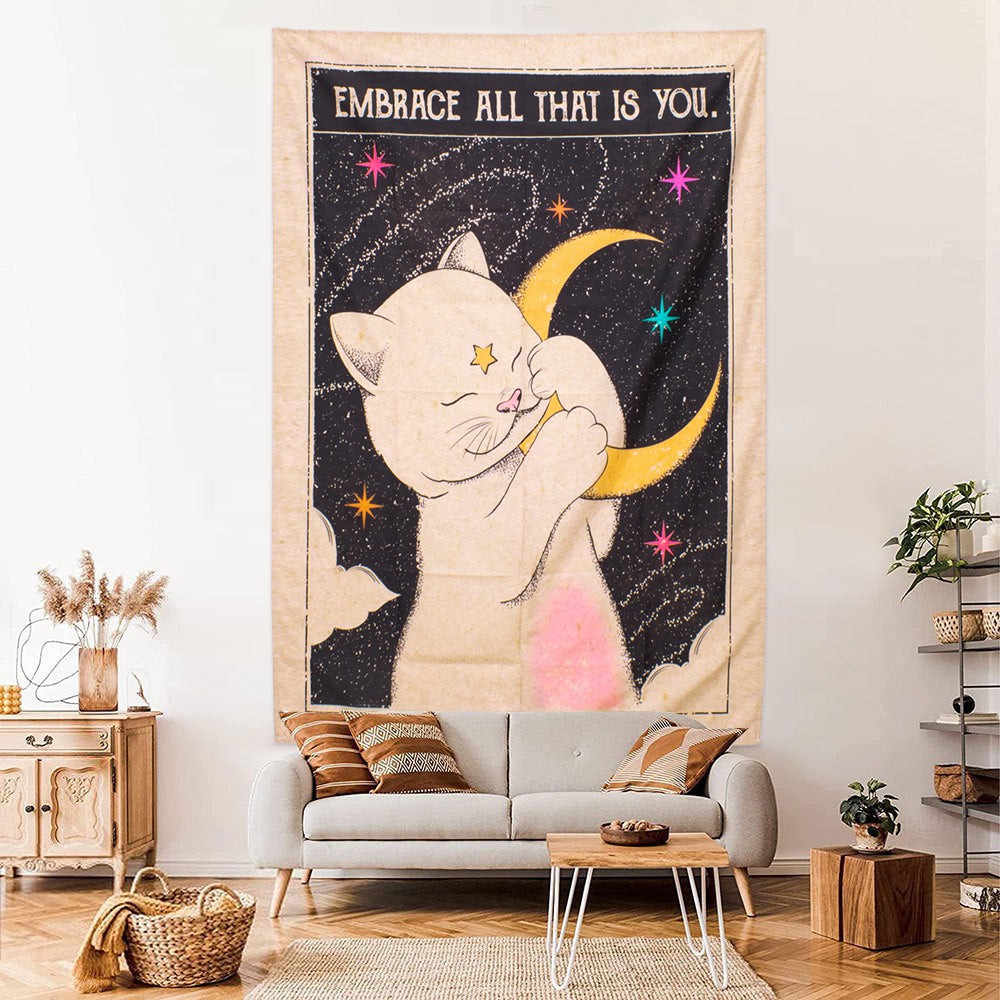 Mystical Dreaming Cat Tarot Wall Tapestry - Boho Decor