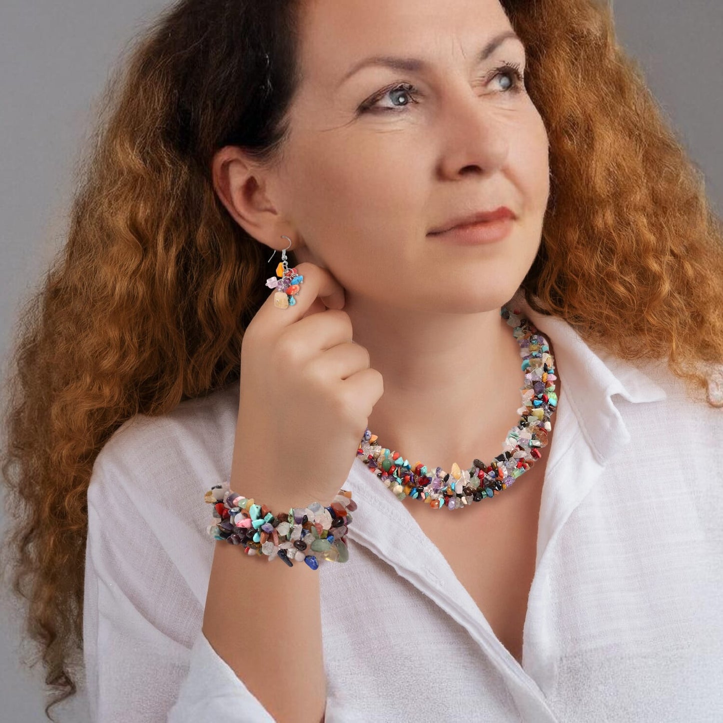 Bold Multi-Gemstone Jewelry Set – Stretch Bracelet, Necklace & Earrings