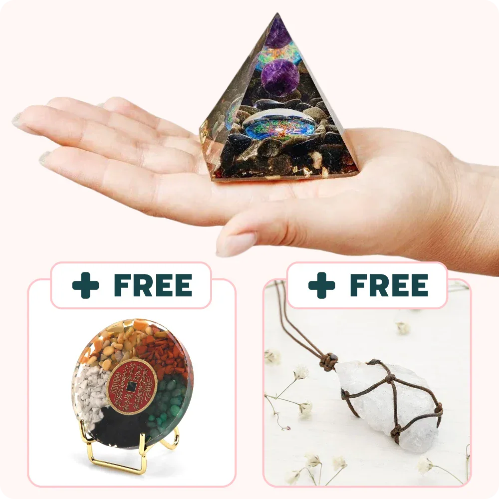 EMF Protection Galaxy Orgone Pyramid + FREE Five Elements Gemstone Display & Wrapped Raw Clear Quartz Necklace