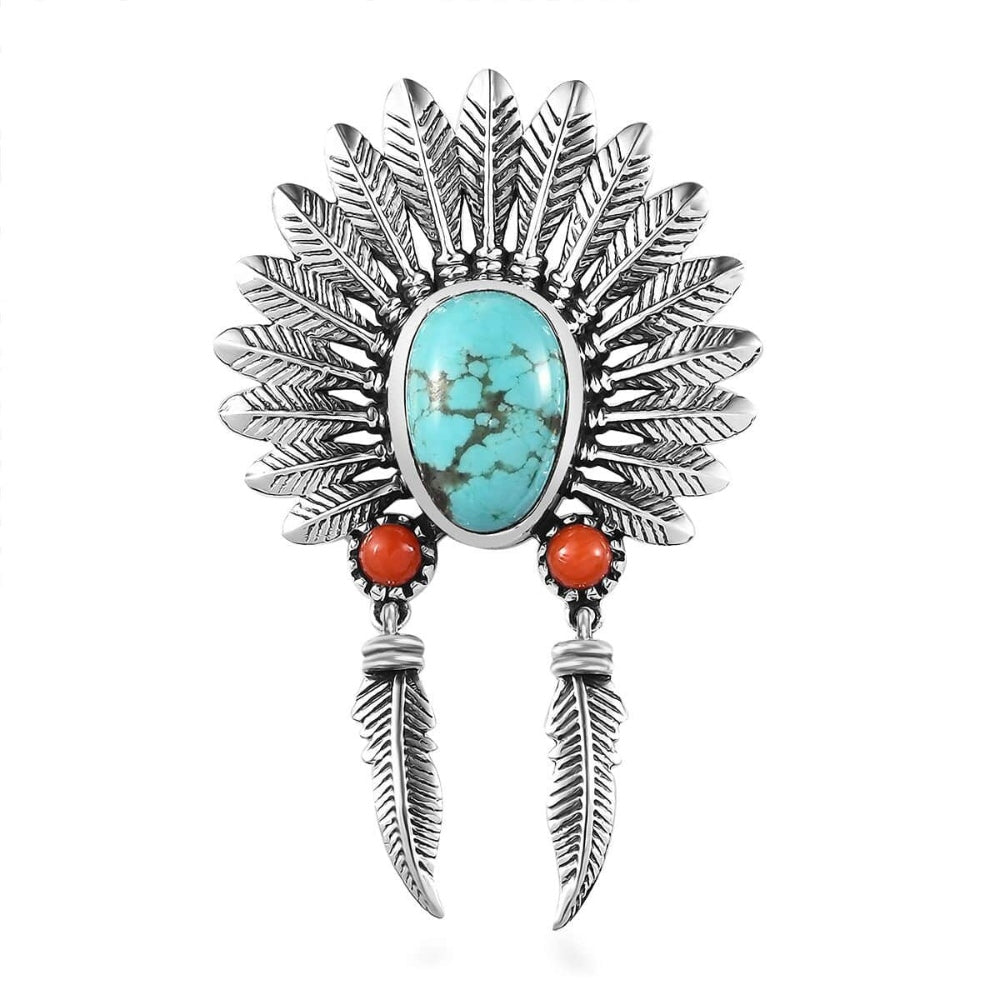 Artisanal Turquoise and Coral Feather Pendant