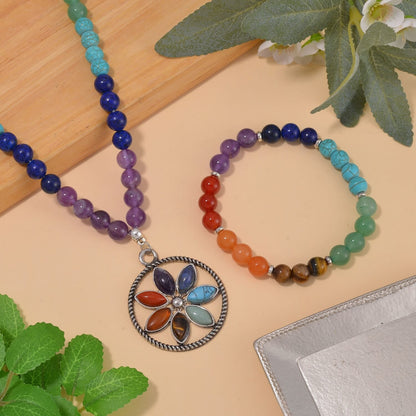 Seven Chakra Beaded Necklace & Bracelet Set – Multi-Gemstone Design