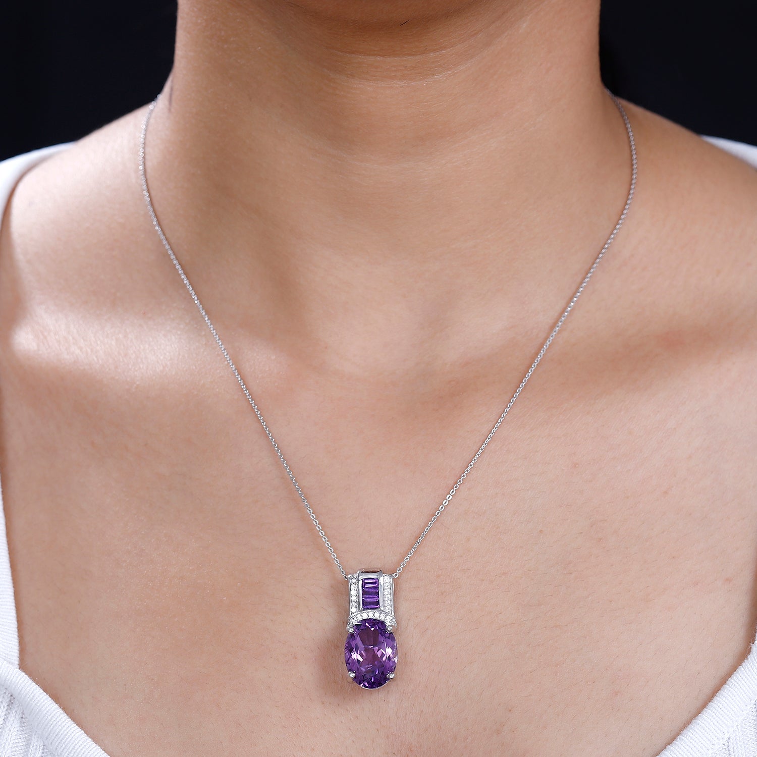 African Amethyst and White Zircon Pendant Necklace