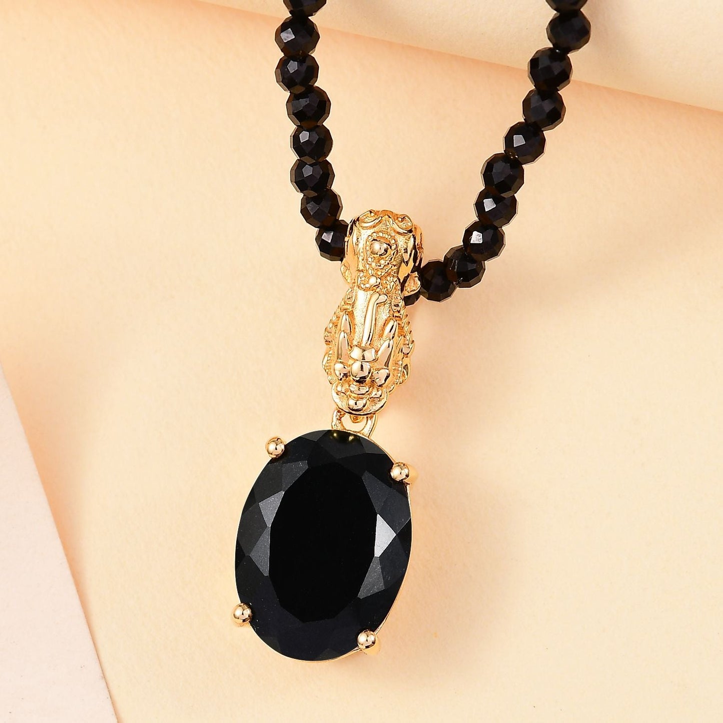 California Black Jade Pixiu Pendant Necklace with Spinel Beads