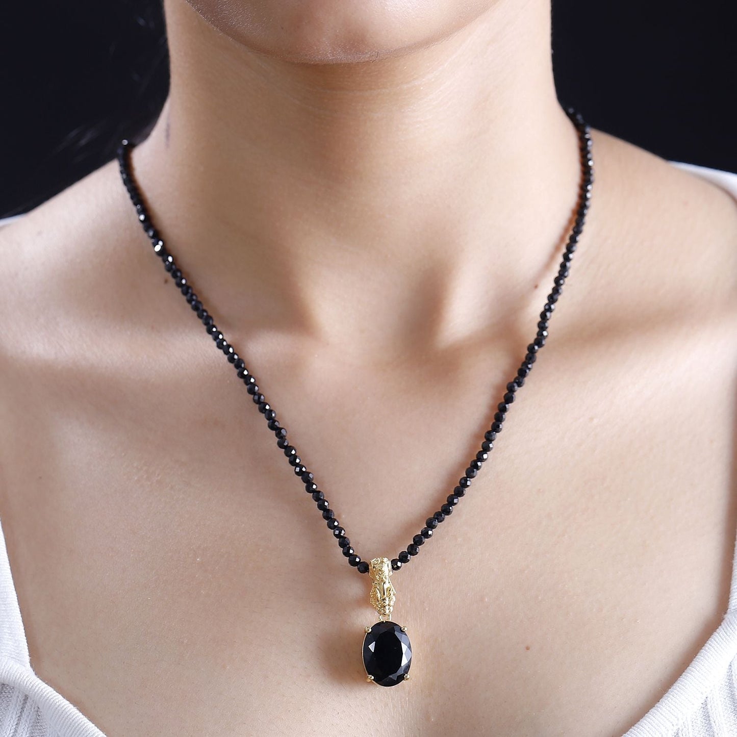 California Black Jade Pixiu Pendant Necklace with Spinel Beads