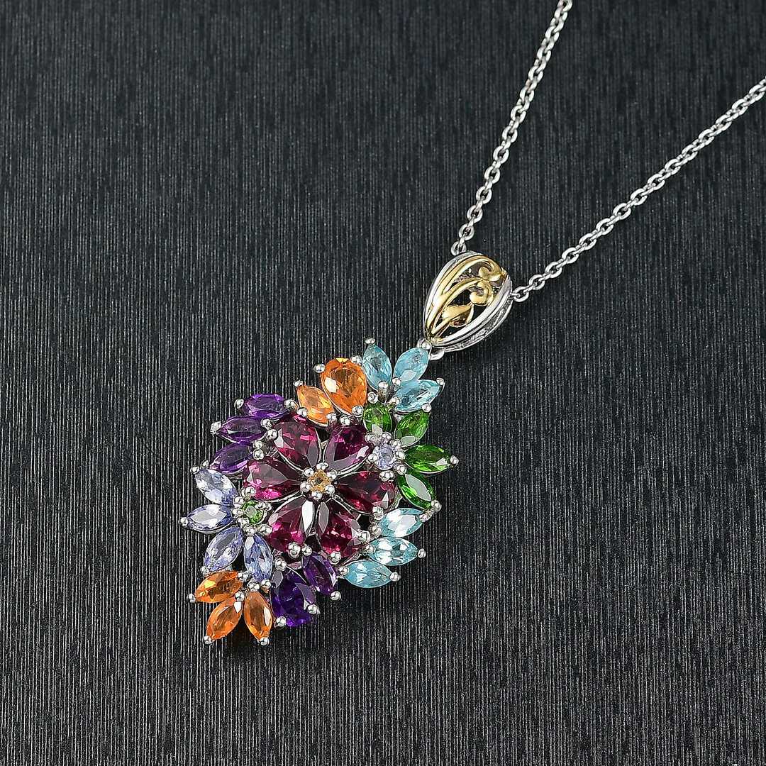 Multi Gemstone Bouquet Pendant Necklace in Sterling Silver