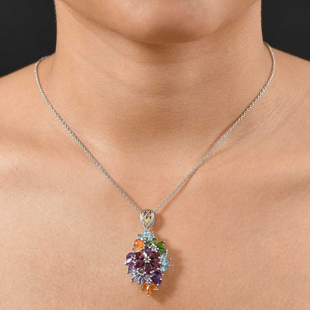 Multi Gemstone Bouquet Pendant Necklace in Sterling Silver
