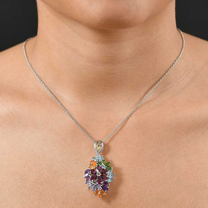 Multi Gemstone Bouquet Pendant Necklace in Sterling Silver