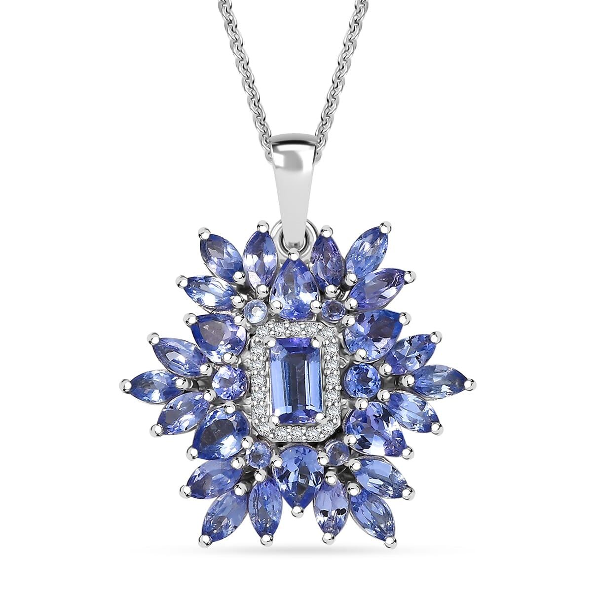 Tanzanite & White Zircon Pendant – Floral Elegance in Rhodium Silver
