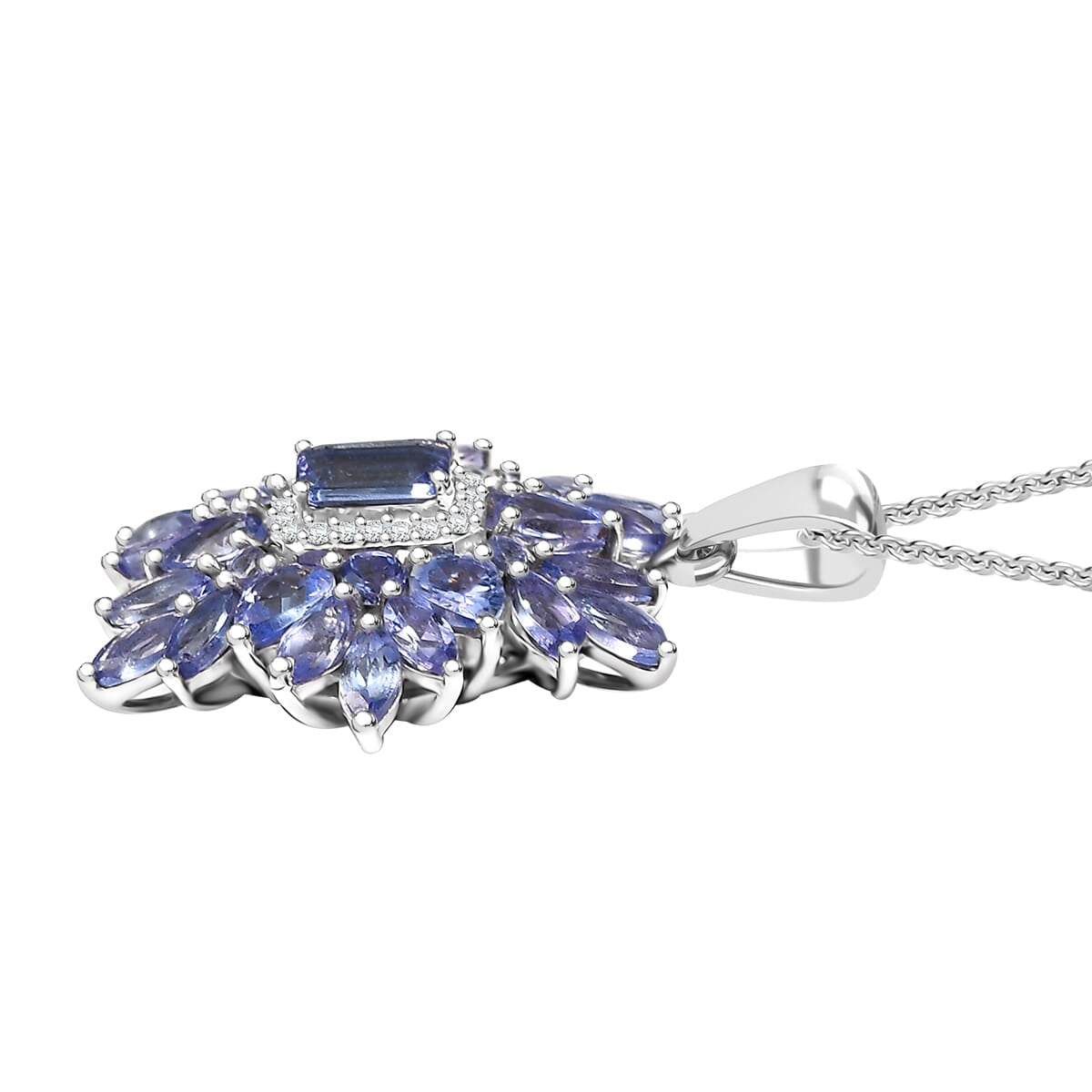 Tanzanite & White Zircon Pendant – Floral Elegance in Rhodium Silver