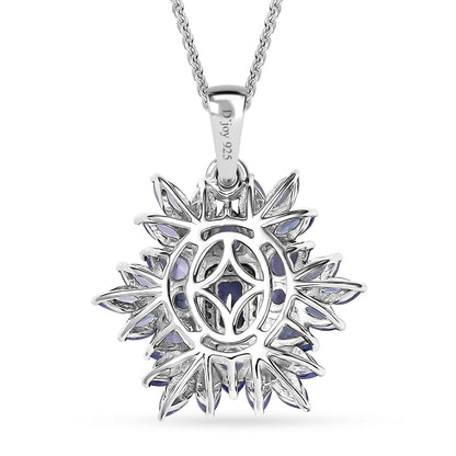 Tanzanite & White Zircon Pendant – Floral Elegance in Rhodium Silver