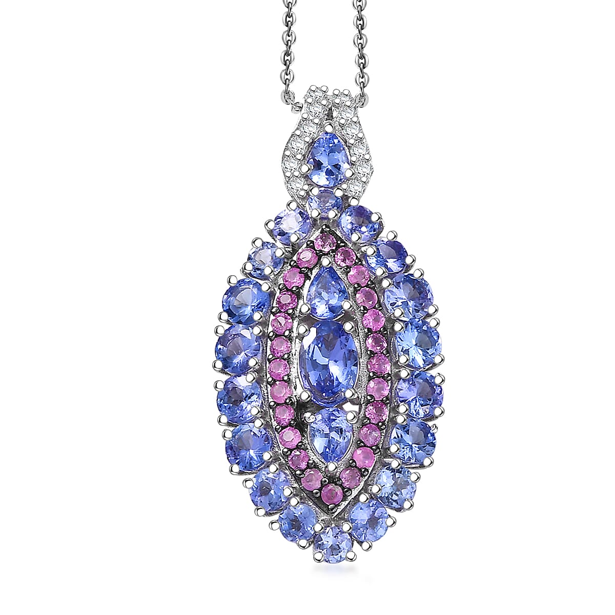 Tanzanite and Garnet Gemstone Crown Pendant in Rhodium Over Sterling Silver