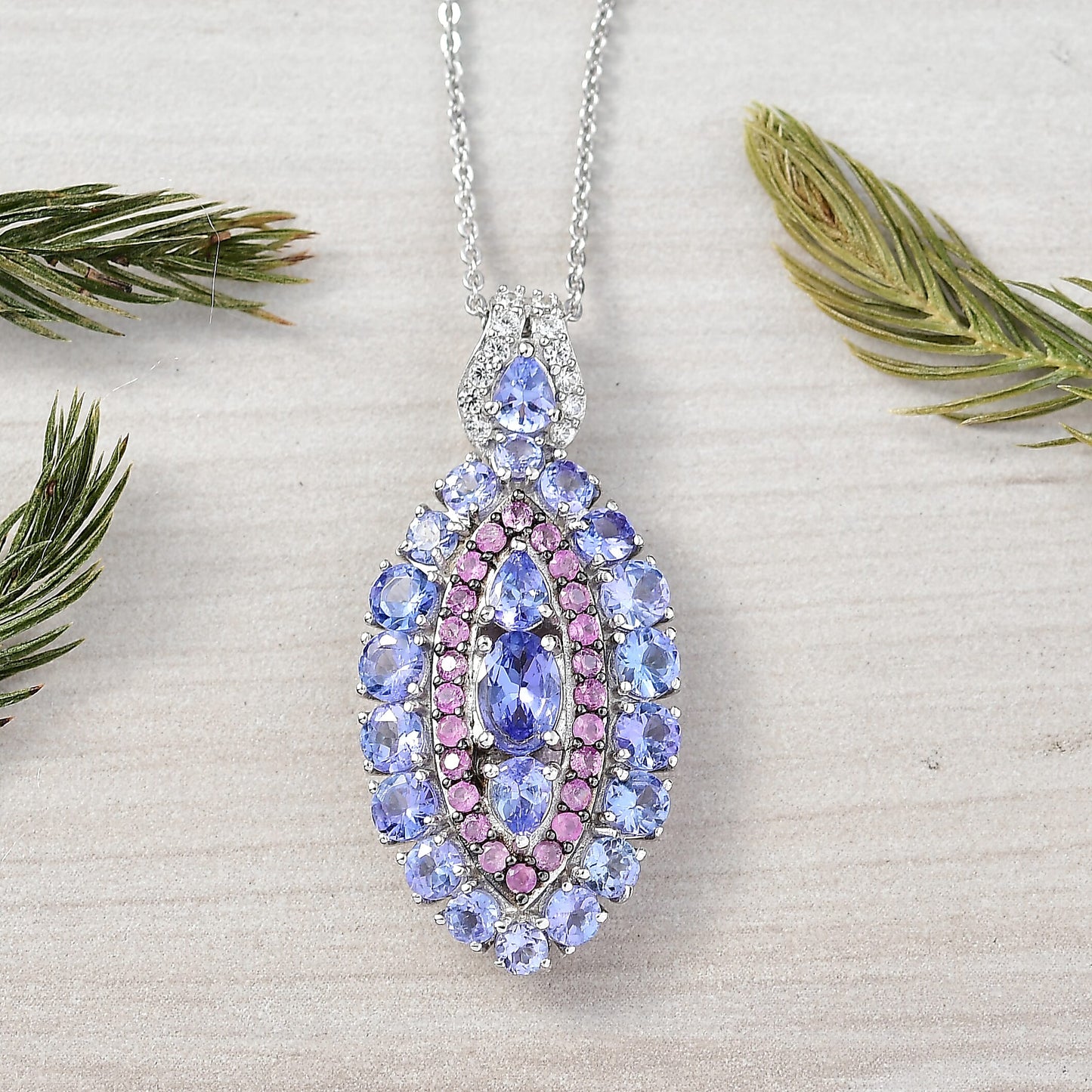 Tanzanite and Garnet Gemstone Crown Pendant in Rhodium Over Sterling Silver