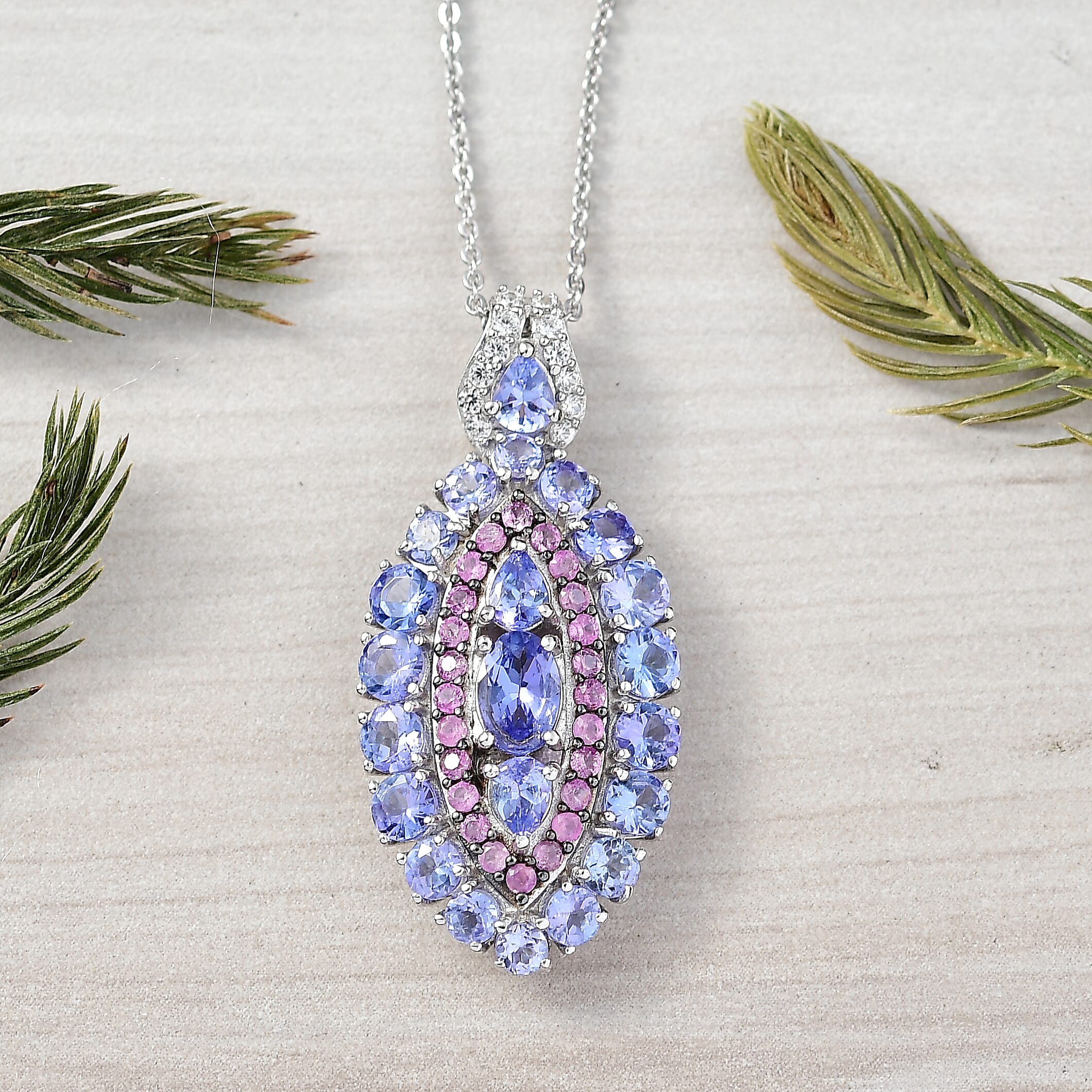 Tanzanite and Garnet Gemstone Crown Pendant in Rhodium Over Sterling Silver