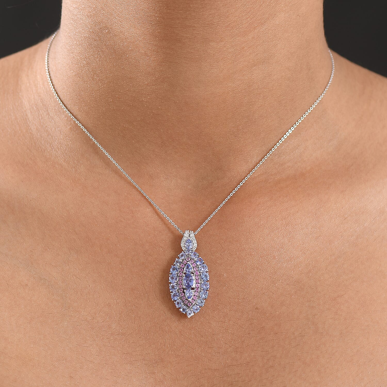 Tanzanite and Garnet Gemstone Crown Pendant in Rhodium Over Sterling Silver