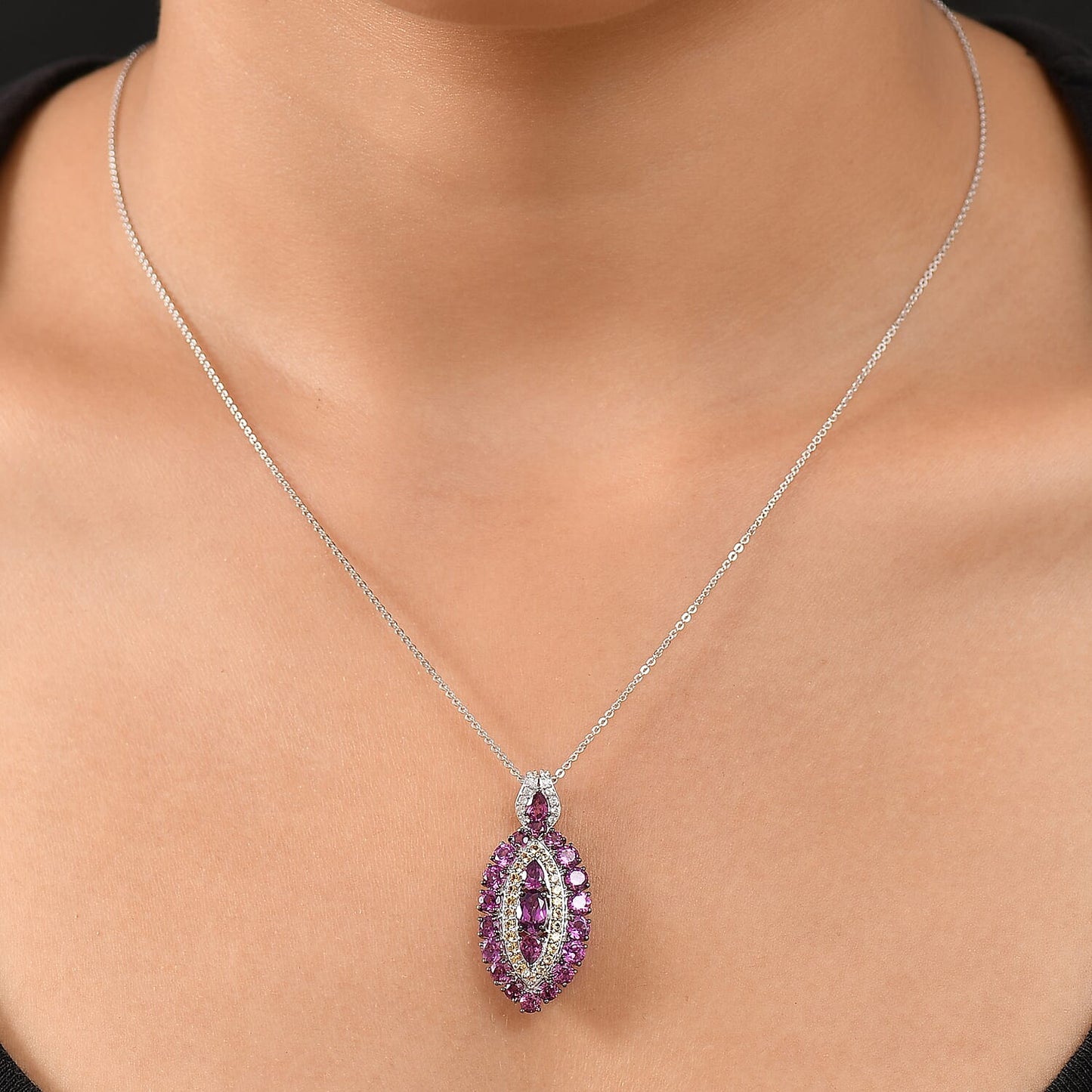 Tanzanite and Garnet Gemstone Crown Pendant in Rhodium Over Sterling Silver
