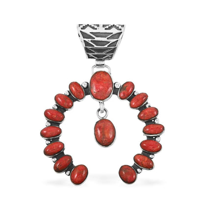Santa Fe Style Spiny Turquoise & Coral Horseshoe Pendant & Earrings Set