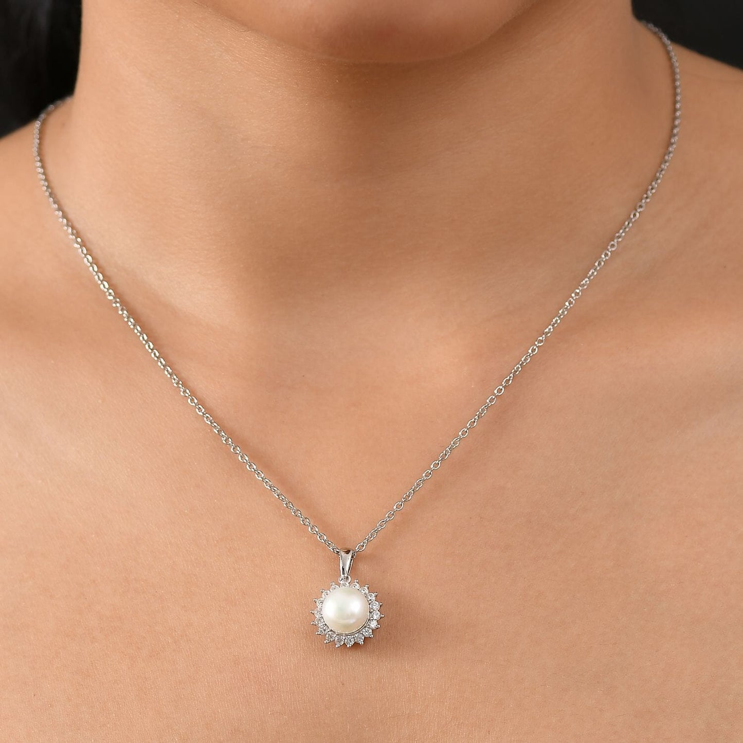 DJOY Freshwater Pearl & White Zircon Sunburst Pendant Necklace