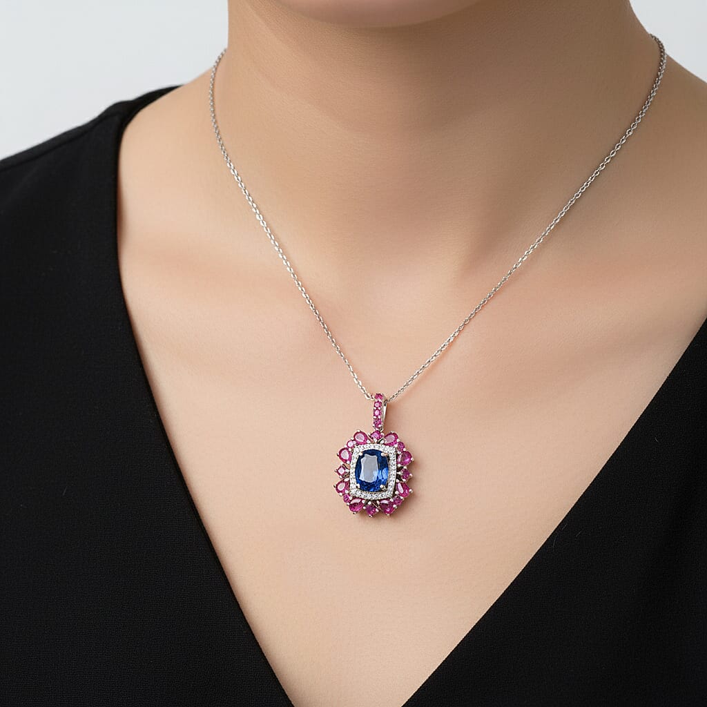 Natural Gemstone Pendant Necklace – Sterling Silver with Rhodium Finish