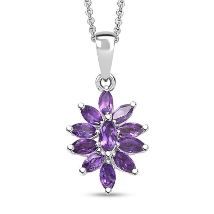 Flower Design Gemstone Pendant Necklace – Rhodium-Plated Sterling Silver