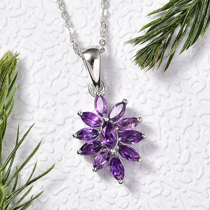 Flower Design Gemstone Pendant Necklace – Rhodium-Plated Sterling Silver