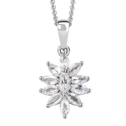 Flower Design Gemstone Pendant Necklace – Rhodium-Plated Sterling Silver