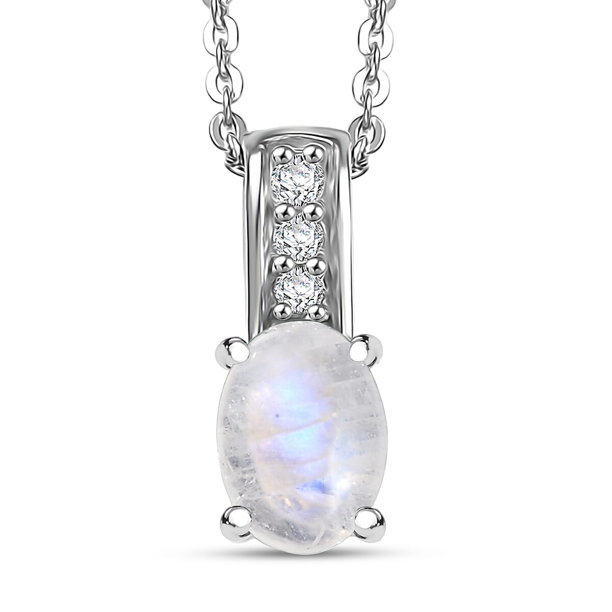 Oval Gemstone & White Zircon Pendant Necklace – Rhodium-Plated Sterling Silver