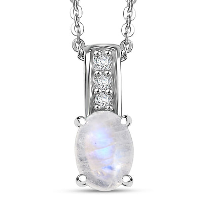 Oval Gemstone & White Zircon Pendant Necklace – Rhodium-Plated Sterling Silver