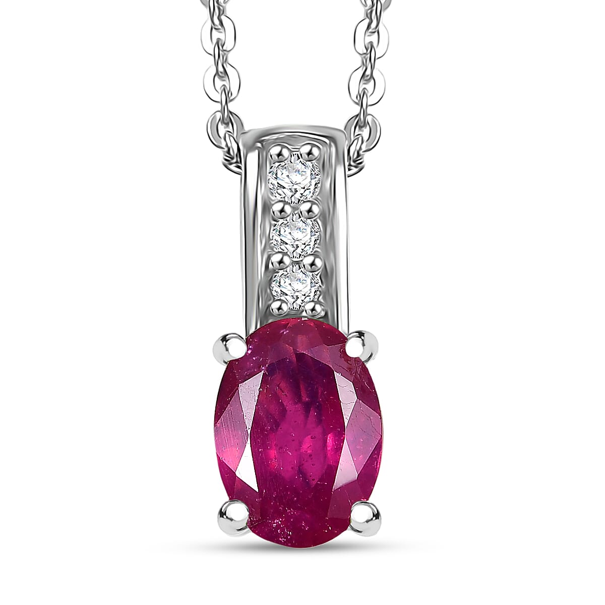 Oval Gemstone & White Zircon Pendant Necklace – Rhodium-Plated Sterling Silver